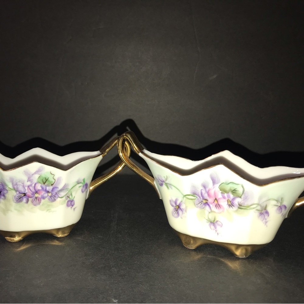 Antique Porcelain Creamer/Open Sugar Bowl Purple/Pink Floral Gold/ Artist Signed